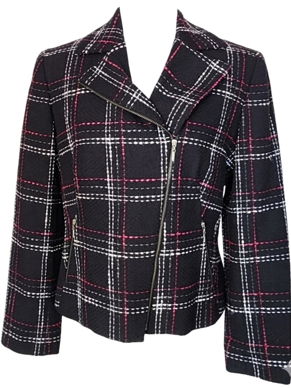 Bandolino Black Plaid Tweed Moto Blazer Jacket Size 16 Pink White - Picture 2 of 6